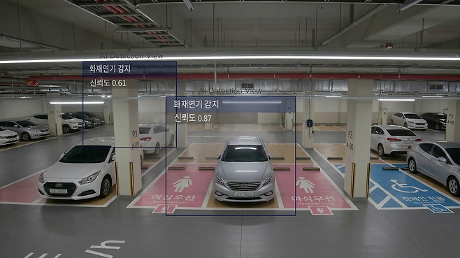 AI 기반 화재감지 CCTV를 통해 화재연기가 감지됐을 경우, 관제실 모니터에 보이는 예시 이미지. [GS건설 제공]