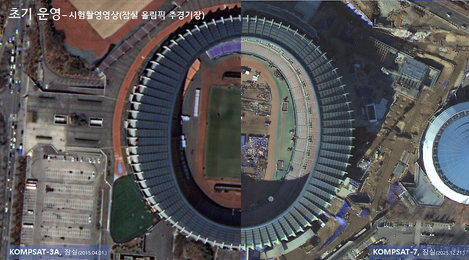 우주항공청이 지난해 프랑스령 기아나우주센터에서 발사된 다목적실용위성7호가 촬영한 국내 주요 건축물의 고해상도 시험 영상을 17일 공개했다. 또한 누리호에 실려 우주초기 다목적실용위성이 촬영한 서울 잠실올림픽 경기장의 모습(왼쪽)과 다목적실용위성7호가 촬영한 최근 운영 모습. 사진제공=우주항공청