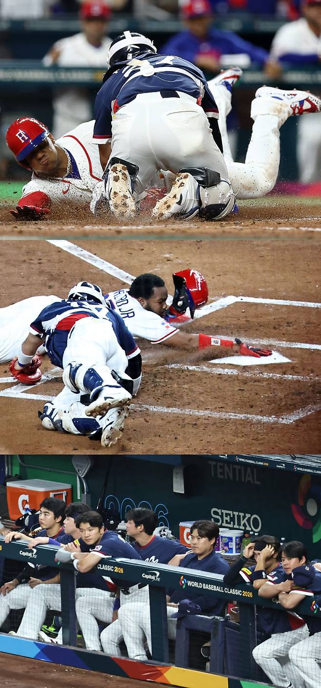 도미니카공화국의 메이저리그 슈퍼스타 후안 소토(위 사진)와 블라디미르 게레로 주니어(가운데)가 혼신의 홈 슬라이딩으로 결정적 득점을 올린 WBC 8강전에서 한국(아래 사진)은 잘 하는 것을 해보지도 못하고 완패해 향후 국제대회 숙제를 남겼다.  마이애미 | AFP연합뉴스