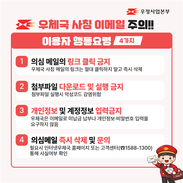 우정사업본부는 홈페이지와 모바일 앱에 사칭 e메일 주의 안내 알림창을 게시하고, 피싱 메일에 대한 주의를 요청했다. 우정사업본부 제공