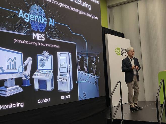 GTC서 발표하는 송용호 삼성전자 AI센터장 (새너제이=연합뉴스) 송용호 삼성전자 AI센터장이 17일(현지시간) 미국 캘리포니아주 새너제이 컨벤션센터에서 열린 엔비디아 연례 개발자회의 'GTC 2026' 현장에서 반도체 엔지니어링 전략을 발표하고 있다. [삼성전자 제공. 재판매 및 DB 금지]