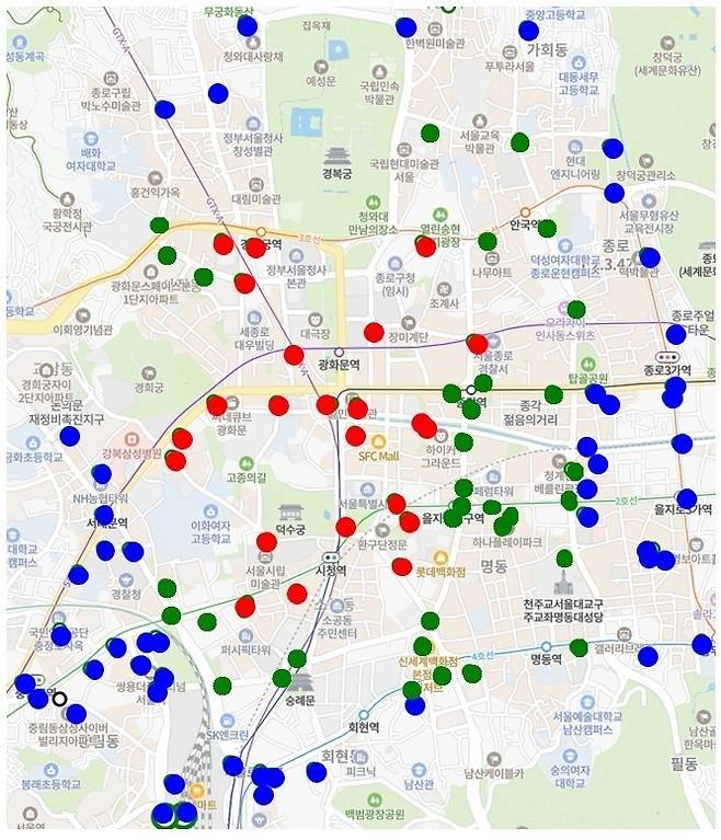 따릉이 대여소 폐쇄 예정 각각 붉은 점은 19일, 녹색 점은 20일 임시폐쇄되는 따릉이 대여소. 파란 점은 대여와 반납이 가능한 대여소. [서울시 제공. 재판매 및 DB 금지]