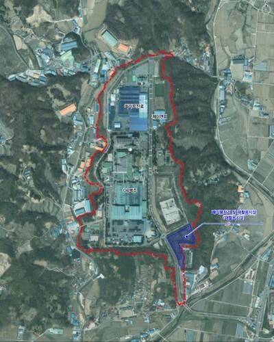 현도일반산업단지 위성사진 내 파랗게 칠해진 부분이 폐기물 선별장 건립 예정지다. [출처=청주시]