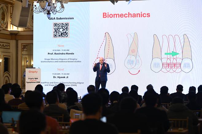 라빈드라 난다 미국 코네티컷대 치과대학 교수가 3월19일 서울 강남 그랜드 머큐어 임페리얼 팰리스에서 열린 '그래피 레전드 SMA 심포지엄'에서 강연을 하고있다. (사진=그래피)