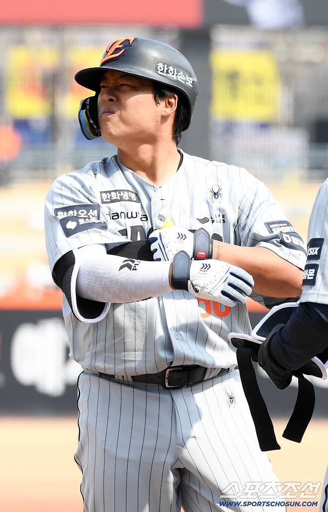 12일 대전한화생명볼파크에서 열린 KBO리그 한화 이글스와 삼성 라이온즈의 시범경기. 한화 강백호가 안타를 날린 뒤 숨을 고르고 있다. 대전=박재만 기자 pjm@sportschosun.com/2026.03.12/