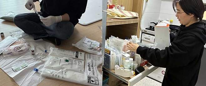 TPN을 준비하는 이다래씨와 지민이의 의료용품으로 가득 찬 수납장./사진=유예진 기자
