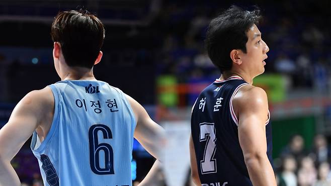 프로농구 소노와 KCC가 19일 오후 7시 고양소노아레나에서 2025~26 LG전자 프로농구 정규리그 맞대결을 벌인다. 승리 팀은 단독 5위가 될 수 있다. 사진은 소노 이정현(왼쪽)과 KCC 허훈. 사진=KBL