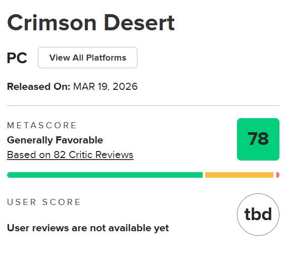 펄어비스의 '붉은사막'이 글로벌 비평 사이트 메타크리틱에서 메타스코어 78점을 기록했다. [사진=메타크리틱]