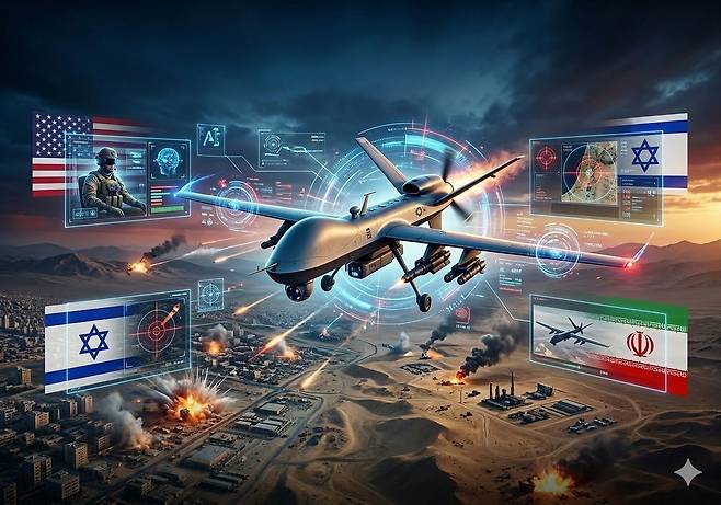 이란전은 AI와 드론이 전쟁의 핵심 인프라가 된 최초의 대규모 전쟁이다. AI와 드론은 전쟁의 문법을 다시 쓰고 있지만 기술을 통제할 제도가 필요하다는 목소리도 높아지고 있다. 사진 제미나이