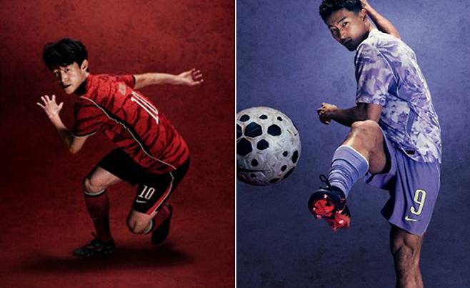 축구대표팀이 2026 북중미 월드컵에서 착용할 새 유니폼이 공개됐다. 이재성(위 사진)이 홈 유니폼을, 조규성이 어웨이 유니폼을 착용한 채 포즈를 취하고 있다. 나이키 제공