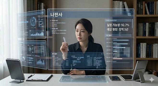 현직 법조인 10명의 인터뷰를 바탕으로 2036년 변호사의 업무 환경을 상상해 그린 생성형 AI 이미지