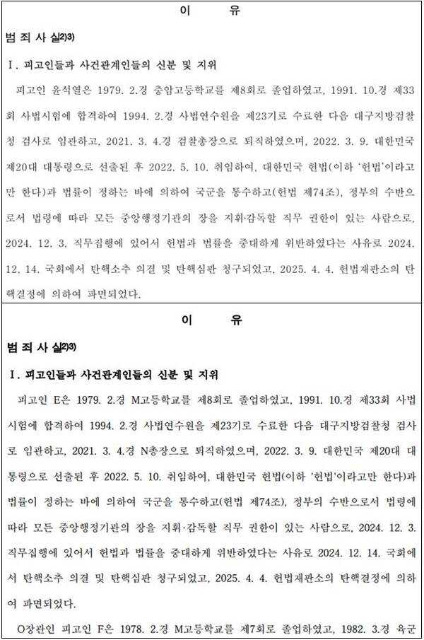 ▲미디어오늘이 입수한 윤석열 등 내란죄 피고인 8인의 1심 판결문 원본과 중앙지법이 홈페이지에 게시한 판결문 익명처리본의 이유서 도입부 비교.