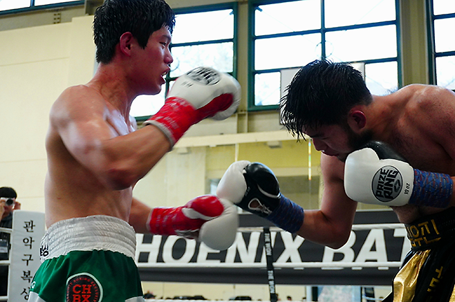 사단법인 한국복싱커미션 슈퍼미들급 챔피언 장민준이 2026년 3월 서울특별시 관악구민종합체육센터 특설 링에서 도전자 김우진을 상대로 타이틀 1차 방어전을 치르고 있다. 사진=KBM