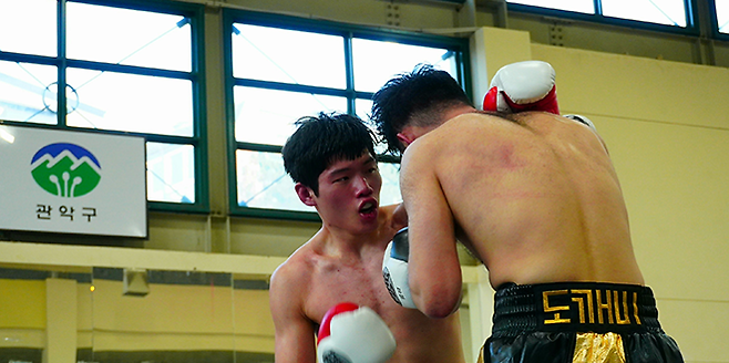 사단법인 한국복싱커미션 슈퍼미들급 챔피언 장민준이 2026년 3월 서울특별시 관악구민종합체육센터 특설 링에서 도전자 김우진을 상대로 타이틀 1차 방어전을 치르고 있다. 사진=KBM