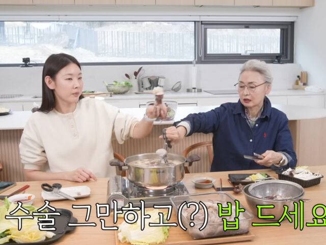 한혜진과 한혜진의 엄마는 제철 음식인 주꾸미 샤부샤부를 해 먹었다. / 유튜브 '한혜진'