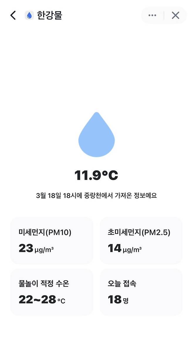 토스가 앱에 한강 물 수온을 체크하는 기능을 추가했다가 논란이 일고 있다. [토스 앱 화면]