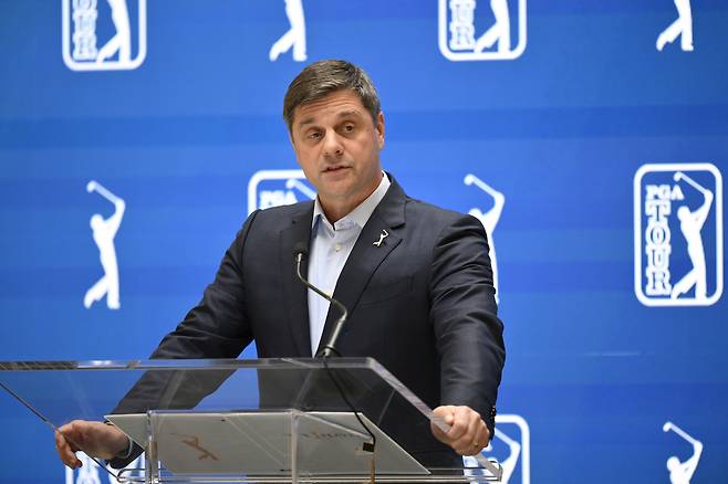 브라이언 롤랩 미국프로골프(PGA) 투어 CEO가 플레이어스 챔피언십 개막을 앞둔 지난 12일 대회가 열린 미국 플로리다주 폰테베드라비치의 TPC 소그래스에서 기자회견을 하고 있다. 게티이미지코리아