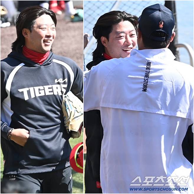 '호랑이가 된 독수리' KIA 김범수가 한화 류현진과 만나 환한 미소를 지어보였다. 대전=허상욱 기자