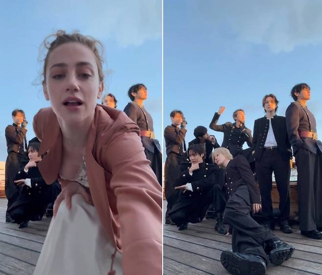 할리우드 배우 릴리 라인하트가 그룹 방탄소년단(BTS)의 정규 5집 ‘아리랑’(ARIRANG)의 타이틀곡 ‘스윔’(SWIM)의 뮤직비디오 촬영 현장을 공개했다. 인스타그램 캡처