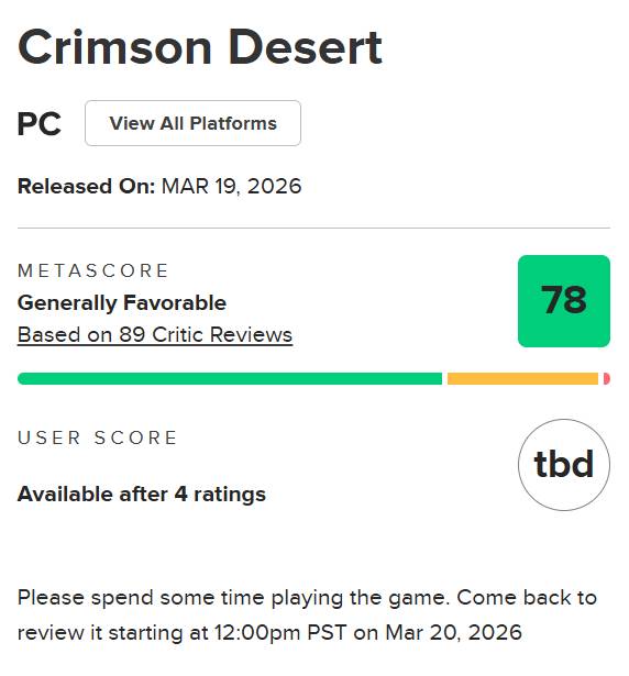 '붉은사막'이 메타크리틱에서 78점을 기록했다. [사진=메타크리틱]