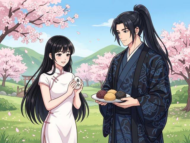 중국과 일본은 춘분에 성묘를 하고 특별한 음식을 먹는다. 기사의 내용을 바탕으로 생성한 이미지. 그록·챗GPT