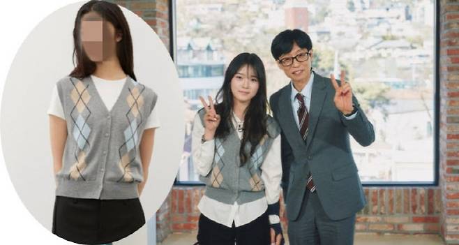 최가온 선수가 유퀴즈 온 더 블럭에 출연해 유재석과 사진을 찍은 모습(오른쪽)과 최가온 선수가 착용한 베스트 모델컷.(사진=tvN시티브리즈 홈페이지 캡처)