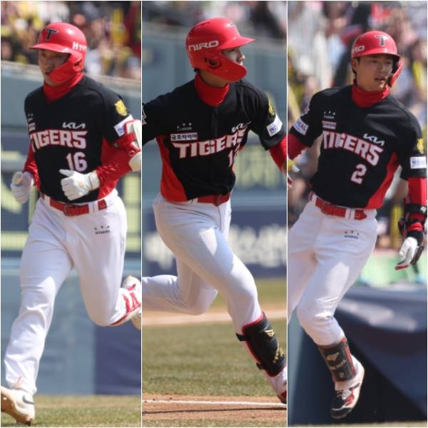 21일 서울 잠실구장에서 열린 두산 베어스와의 시범경기에서 맹타를 휘두른 윤도현(왼쪽부터), 정현창, 박민. KIA 제공