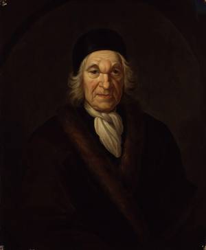 에브르몽 남작의 초상화. 남작은 실제로 웨스트민스터 사원에 안장된 몇 명되지 않는 외국인이다. 그의 미간 사이 60대 이후 발생한 노인성 낭종이 특이하다.