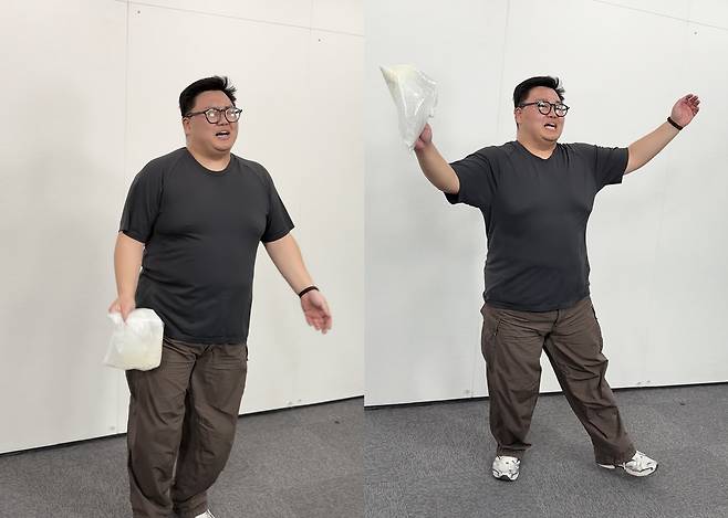 임성범 기자가 생크림을 든 채 팔벌려뛰기를 하며 고군분투하고 있다.