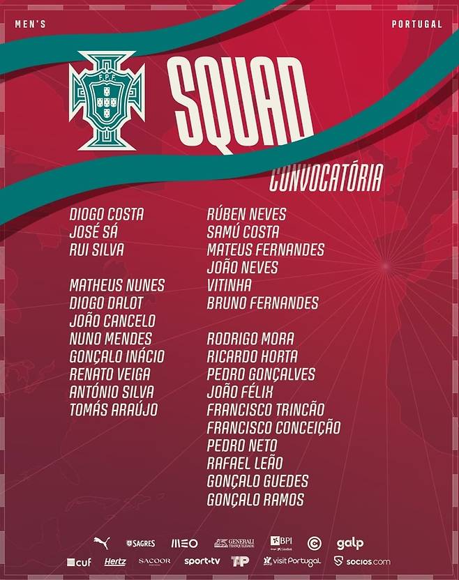 포르투갈 축구대표팀 3월 A매치 출전선수 명단 [포르투갈축구협회 SNS 캡처. 재판매 및 DB 금지]