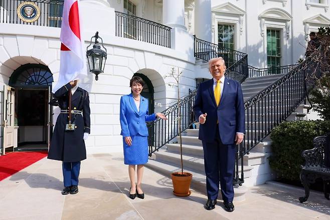 도널드 트럼프 미국 대통령(오른쪽)과 다카이치 사나에 일본 총리가 지난 19일(현지시간) 미 워싱턴 백악관에서 벚나무 묘목 앞에서 기념사진을 찍고 있다. 다카이치 총리는 올해 건국 250주년을 맞이한 미국을 위해 일본에서 공수해온 250그루의 벚꽃나무를 선물했다.출처=일본 내각부