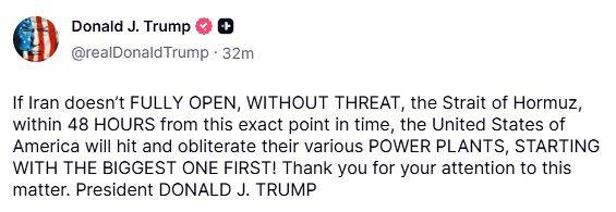 도널드 트럼프 미국 대통령 21일(현지시간) 소셜미디어 트루스소셜에 올린 글. 트럼프 대통령은 “이란이 48시간 내 호르무즈 해협을 완전히 개방하지 않으면 이란의 각종 발전소를 공격해 초토화하겠다”고 경고했다. 사진 트루스소셜 캡처