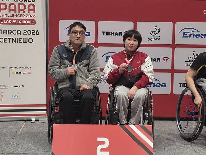 울산 장애인 탁구 대표 이미규가 폴란드·이탈리아에서 연이어 열린 국제대회에서 개인·단체 종목에서 은메달 1개, 동메달 2개를 획득하며 선전했다. 2026 블라디슬라보보 챌린져대회 혼성복식 시상식에서 주영대와 이미숙이 메달을 목에 걸고 기념촬영을 하고 있다. 시장애인체육회 제공