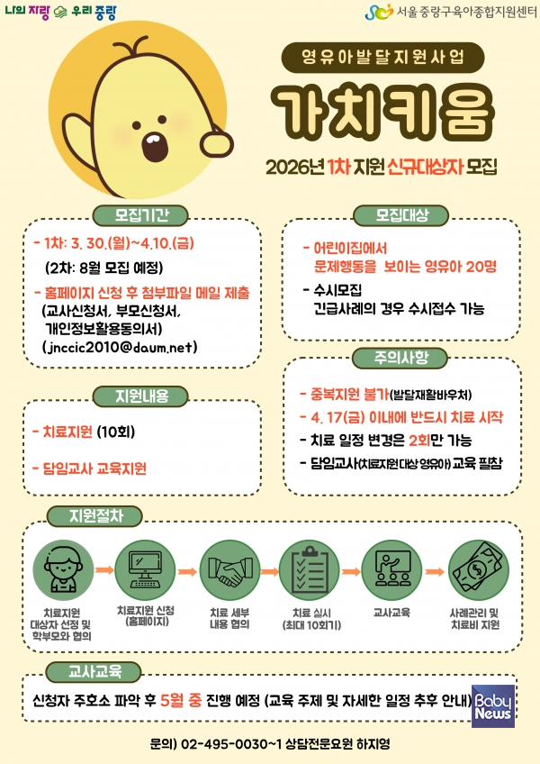 중랑구육아종합지원센터(이하 센터)는 오는 30일부터 중랑구 관내 영유아의 건강한 성장과 발달을 위한 '가치키움 영유아발달지원사업'의 참여자를 모집한다. ⓒ중랑구육아종합지원센터