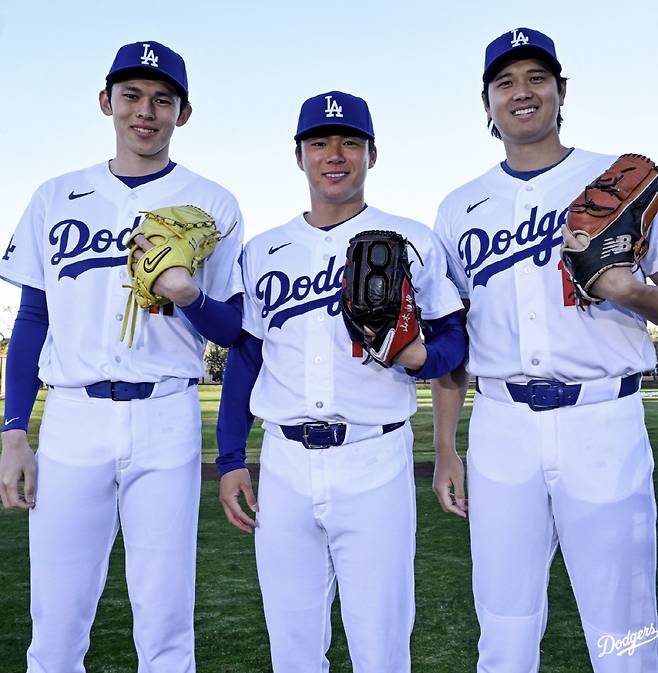 왼쪽부터 사사키 로키, 야마모토 요시노부, 오타니 쇼헤이. 사진=LA 다저스 구단 X 계정