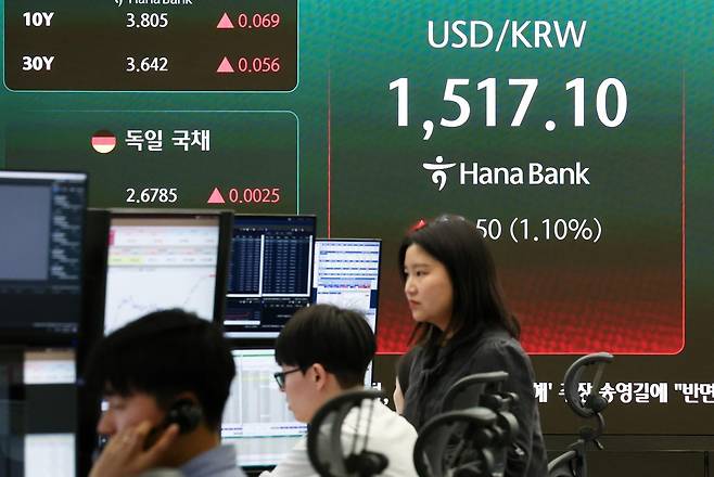 서울 중구 하나은행 딜링룸 전광판에 원·달러 환율이 표시되어 있다. 이날 서울외환시장에서 원·달러 환율은 1517.3원에 주간거래를 마쳤다. 2026.3.23 ⓒ 뉴스1