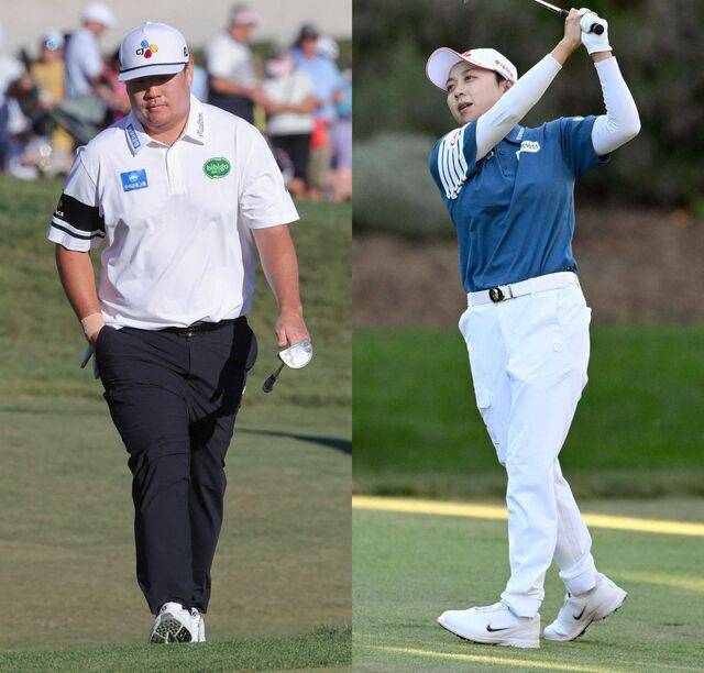 임성재가 22일(한국시간) PGA투어 발스파 챔피언십 3라운드 18번 홀에서 코스를 걷고 있다. 오른쪽 사진은 LPGA투어 포티넷 파운더스컵 3라운드 18번 홀에서 샷을 하는 김효주. AFP연합뉴스