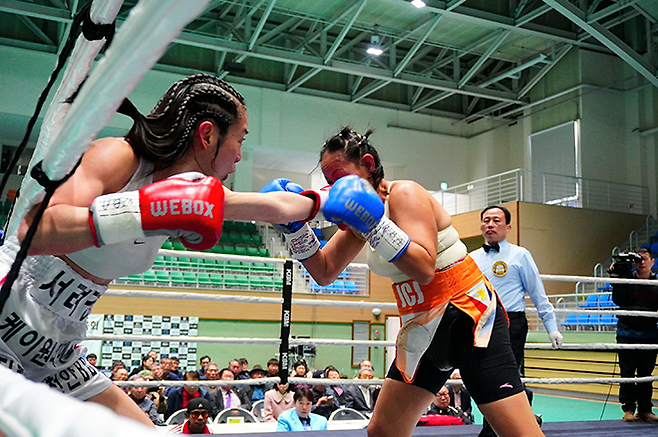 순천향대학교 부속 천안병원 소아청소년과 의사 서려경이 2026년 3월 충청남도 계룡시민체육관 세계복싱협회 미니멈급 아시아 챔피언결정전에서 국제여자복싱협회 아톰급 챔피언을 지낸 노르즈 구로를 공격하고 있다. 사진=KBM
