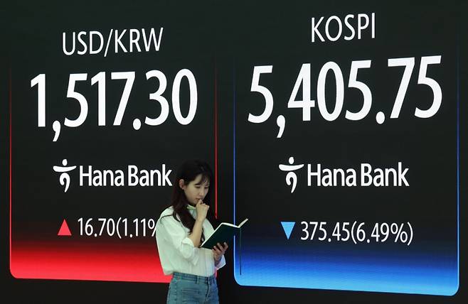 코스피 중동 전쟁 확전 공포에 5400선까지 하락한 23일 서울 중구 하나은행 딜링룸에서 딜러들이 업무를 보고 있다. 코스피는 전 거래일(5781.20)보다 375.45포인트(6.49%) 내린 5405.75에, 코스닥 지수는 전 거래일(1161.52)보다 64.63포인트(5.56%) 하락한 1096.89에 거래를 마쳤다. /사진=뉴시스