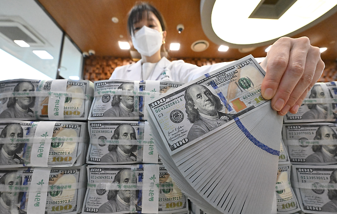 서울 중구 명동 하나은행에서 한 직원이 달러를 살펴보고 있다. [헤럴드DB]