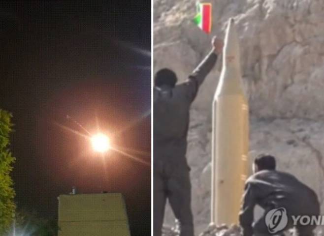 왼쪽은 21일 이스라엘 남부 디모나에 이란 미사일이 떨어지는 모습, 오른쪽은 미사일 발사 준비 중인 이란군 자료사진. 연합뉴스. 엑스 캡처