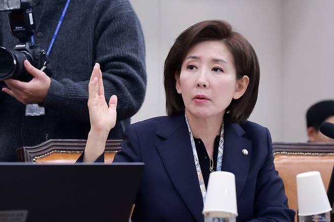 3월18일 국회에서 열린 법제사법위원회 전체회의에서 나경원 국민의힘 의원이 의사진행 발언을 요청하고 있다. ⓒ연합뉴스