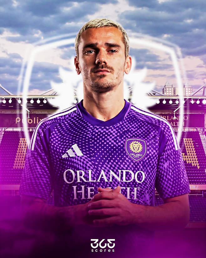 앙투안 그리즈만의 올랜도 시티 이적을 확실하며 유니폼 합성 사진을 띄운 365스코어.