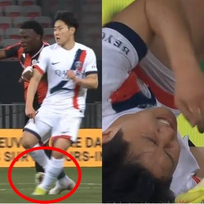 상대 태클에 아킬레스건을 밟히는 이강인(빨간색 동그라미 안). 끝내 고통스러워하며 그라운드에 쓰러진 이강인(오른쪽). /사진=중계화면 갈무리