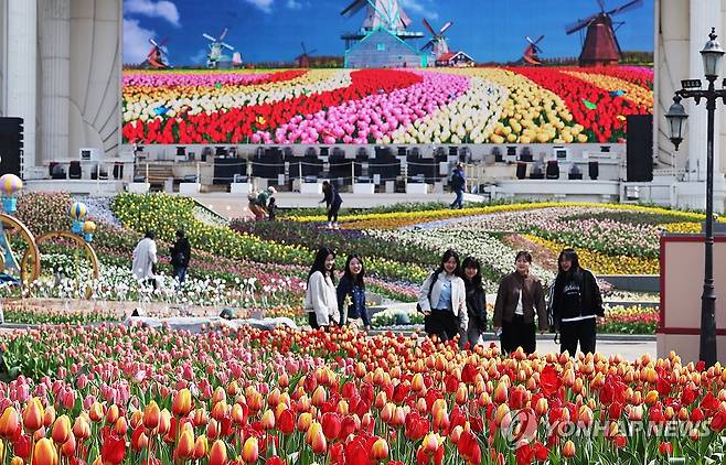 튤립 축제 즐기는 시민들 (용인=연합뉴스) 홍기원 기자 = 22일 튤립 축제가 열리고 있는 경기도 용인시 에버랜드를 찾은 시민들이 활짝 핀 튤립을 보며 봄 정취를 만끽하고 있다. 2026.3.22 xanadu@yna.co.kr