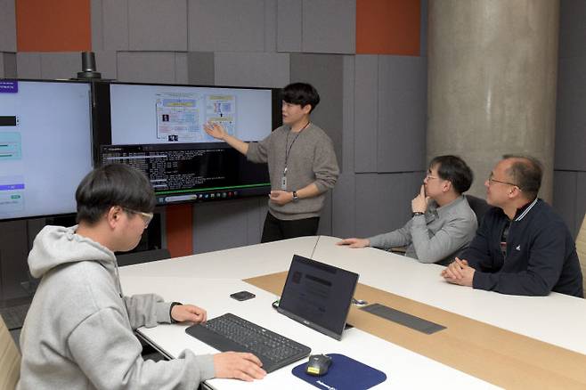 ETRI 연구진이 연속·복합 지식 편집 기술(MemEIC)에 대해 논의하고 있다. (사진=ETRI 제공)