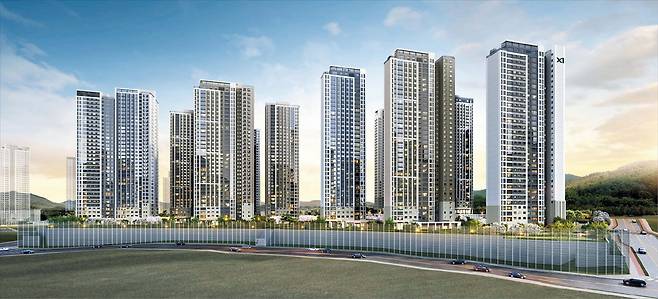 GS건설이 분양에 나서는 충남 아산시 ‘아산탕정자이 메트로시티’ 완공 후 예상 모습. 천안 불당지구 학원가와 KTX를 이용할 수 있는 천안아산역이 인근에 있어 교육·교통 인프라가 풍부하다는 장점이 있다. /GS건설