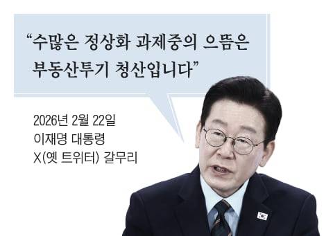 이재명 대통령은 지난 1월 말부터 개인 X(옛 트위터)을 통해 부동산 투기를 비판하는 글들을 잇따라 올리고 있다. /그래픽=조선디자인랩 권혜인