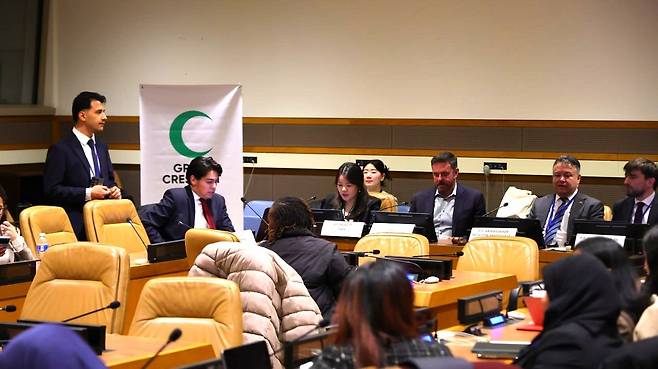 최경남 IWPG 사무총장이 지난 17일(현지시간) 뉴욕 유엔 본부 7번 회의실에서 열린 튀르키예 사이드 이벤트에서 발제하고 있다.