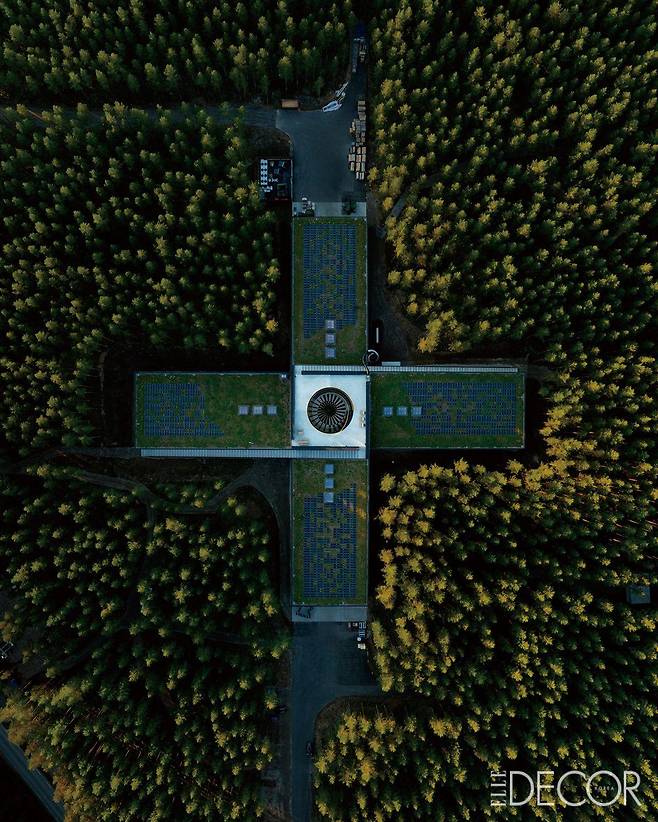 숲 한복판에 자리한, 세계에서 가장 친환경적인 가구 공장 더 플러스. 네 개의 생산 구역이 교차한다.